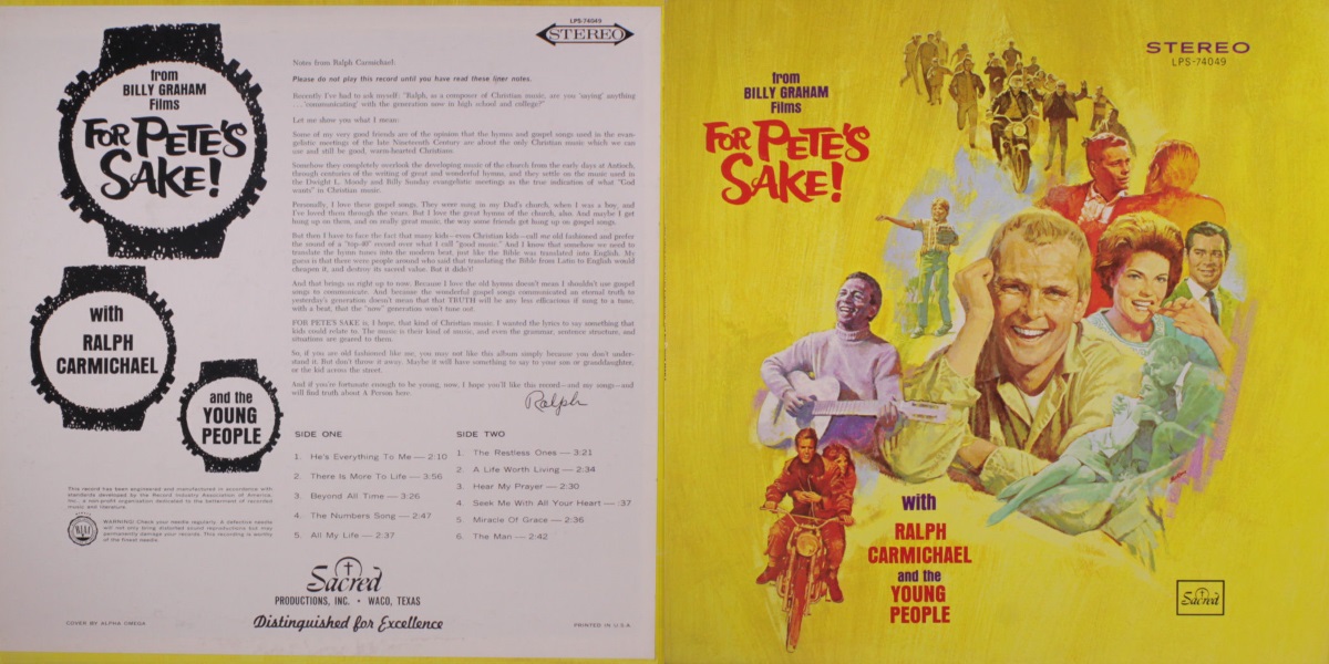 Ralph Carmichael And The Young People – For Pete's Sake (Sacred-stereo 1966) LP Back and Front Cover Art