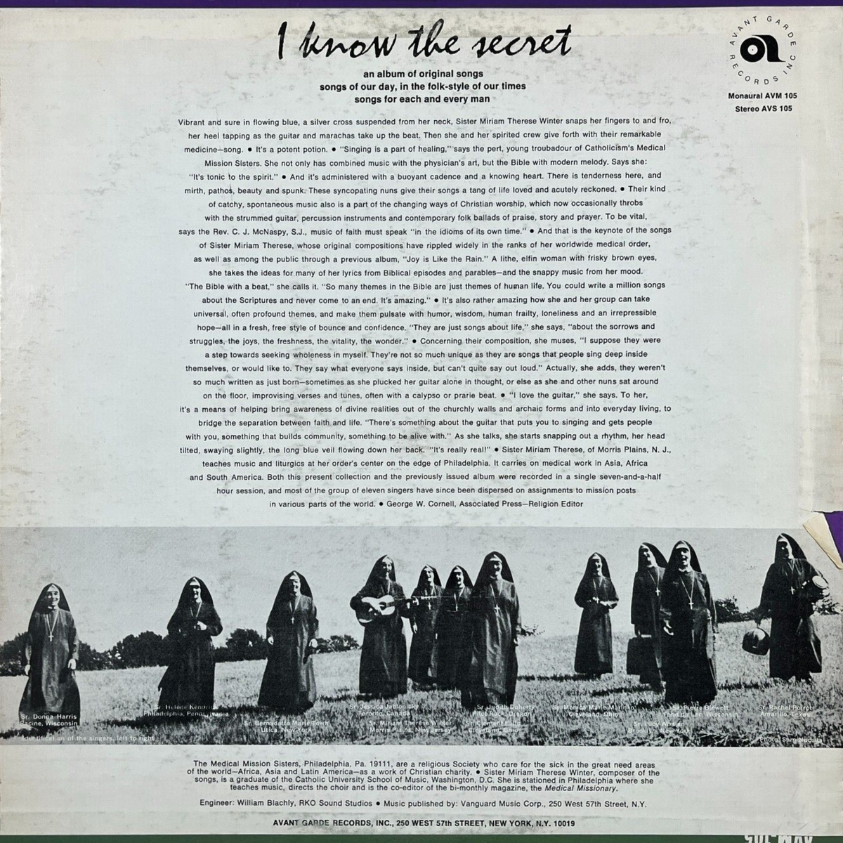 The Medical Mission Sisters - I Know the Secret (Avant Garde Records 1966) LP Back