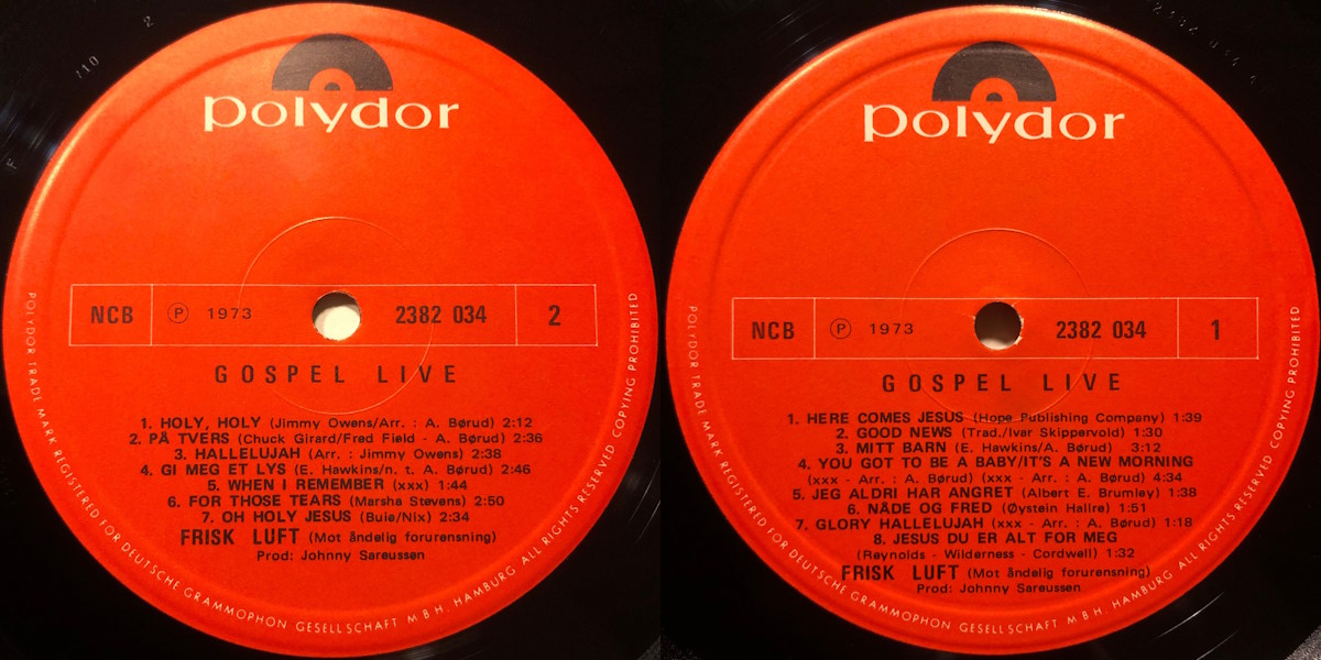 Frisk Luft - Gospel Live (Polydor 1973) LP labels, Side2 and Side1