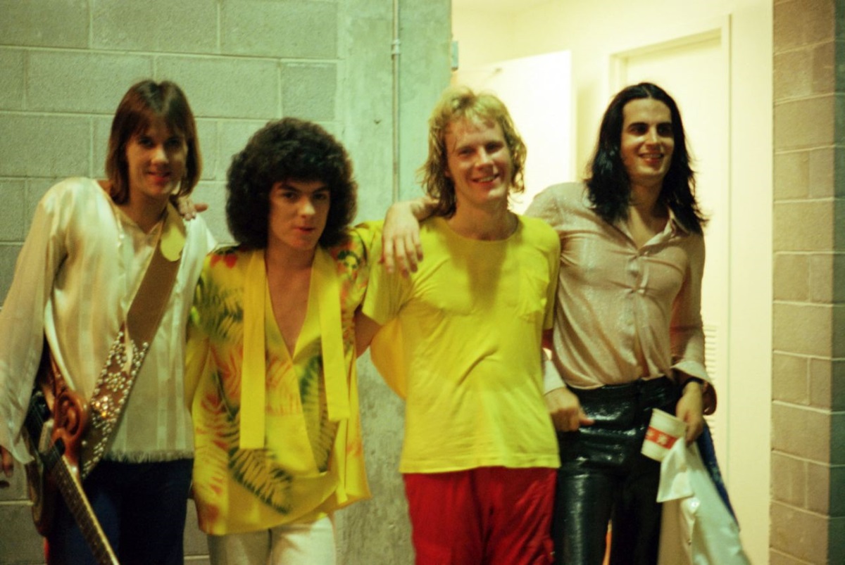Ambrosia backstage in the 1970s. L to R: David Pack, Joe Puerta, Burleigh Drummond, Christopher North.