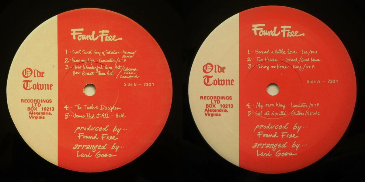 Found Free - Found Free (Olde Towne Recordings 1975) LP labels, Side2 and Side1