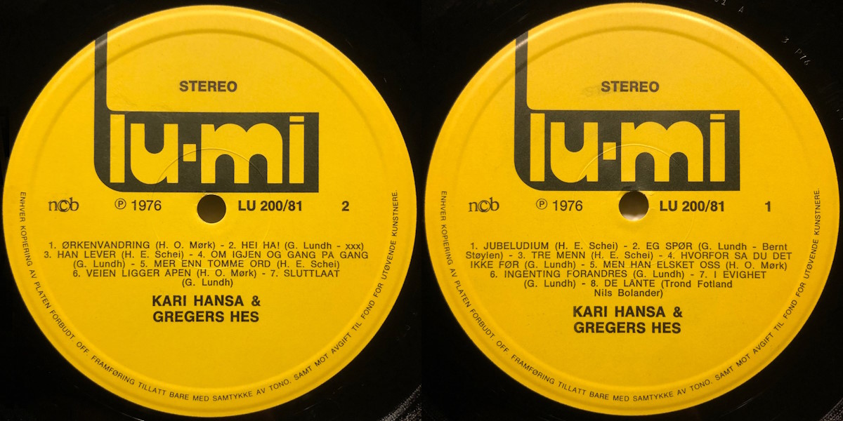 Kari Hansa & Gregers Hes - Guds fred (Lu-Mi 1976) LP labels, Side2 and Side1