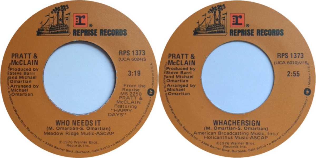 Pratt-McClain - Whachersign + Who Needs It (Reprise Records 1976) Vinyl Single Labels, Back and Front