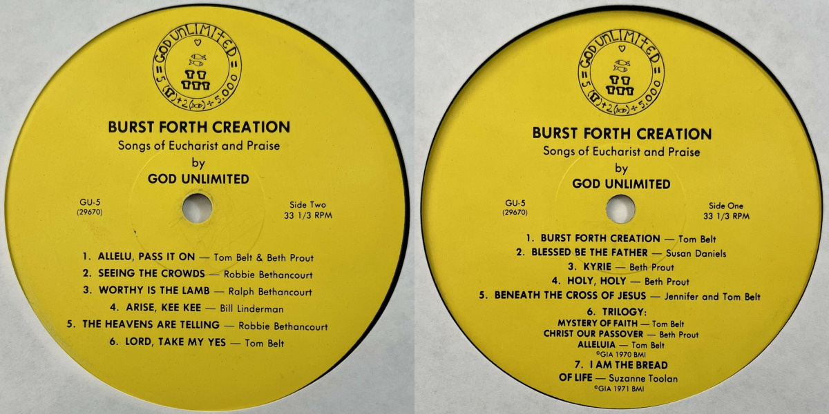 God Unlimited - Burst Forth Creation (GU 1977) LP labels, Side2 and Side1