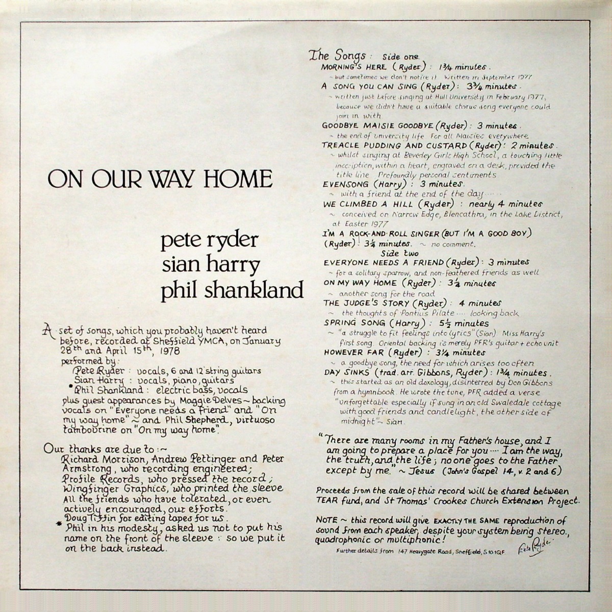 Pete Ryder and Sian Harry - On Our Way Home (Profile 1978) LP Back