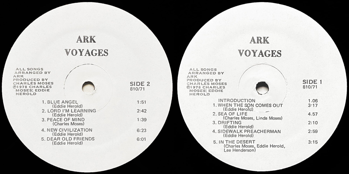 Ark - Voyages (independent 1978) LP labels, Side2 and Side1