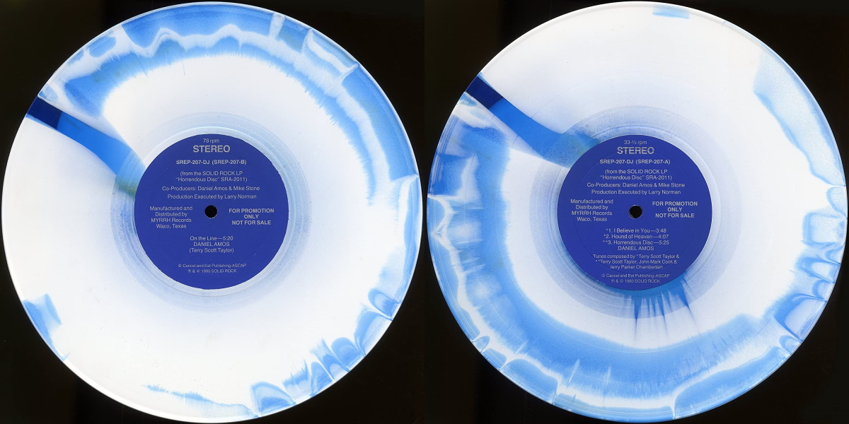 Daniel Amos - The Horrendous Disc Promo EP (Solid Rock Records 1980) 10-inch EP labels, Side2 and Side1, blue and white swirled vinyl