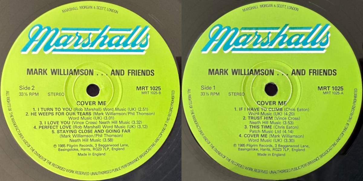 Mark Williamson and Friends - Cover Me (Marshalls 1985) LP labels, Side2 and Side1