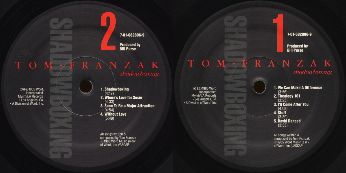 Tom Franzak - Shadowboxing (Myrrh Records 1985) LP labels, Side2 and Side1