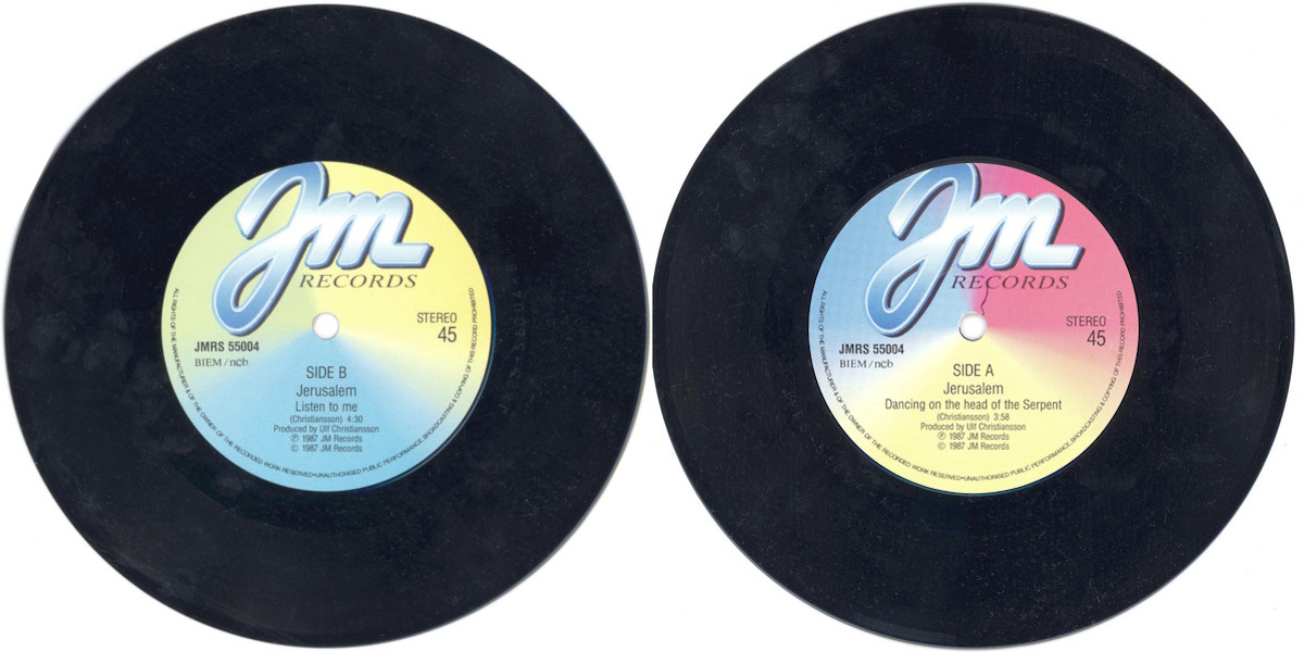 Jerusalem - Dancing on the Head of the Serpent + Listen to Me (JM Records 1987) 7-inch single labels, back and front