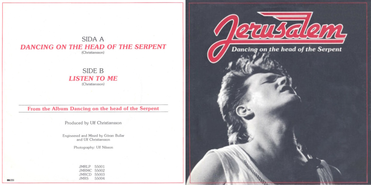 Jerusalem - Dancing on the Head of the Serpent + Listen to Me (JM Records 1987) 7-inch Vinyl Single Sleeve, Back and Front