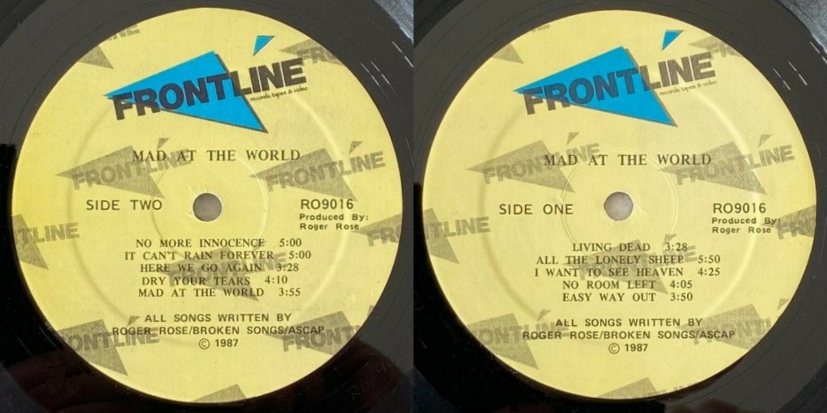 Mad at the World - Mad at the World (Frontline Records 1987) LP labels, Side2 and Side1