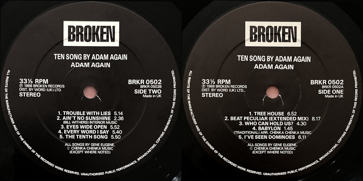 Adam Again - Ten Songs by Adam Again (Broken Records 1988) LP labels, Side2 and Side1