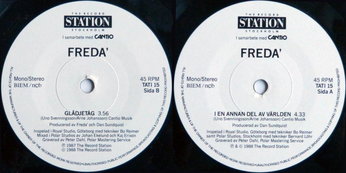 Freda - I en annan del av världen + Glädjetåg (The Record Station 1988) 7-inch Single Labels, Back and Front