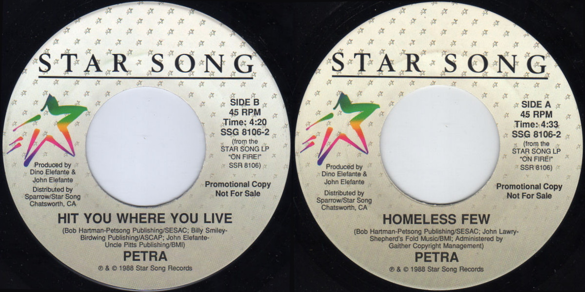 Petra - Homeless Few + Hit You Where You Live (StarSong Records 1988) 7-inch single labels, back and front