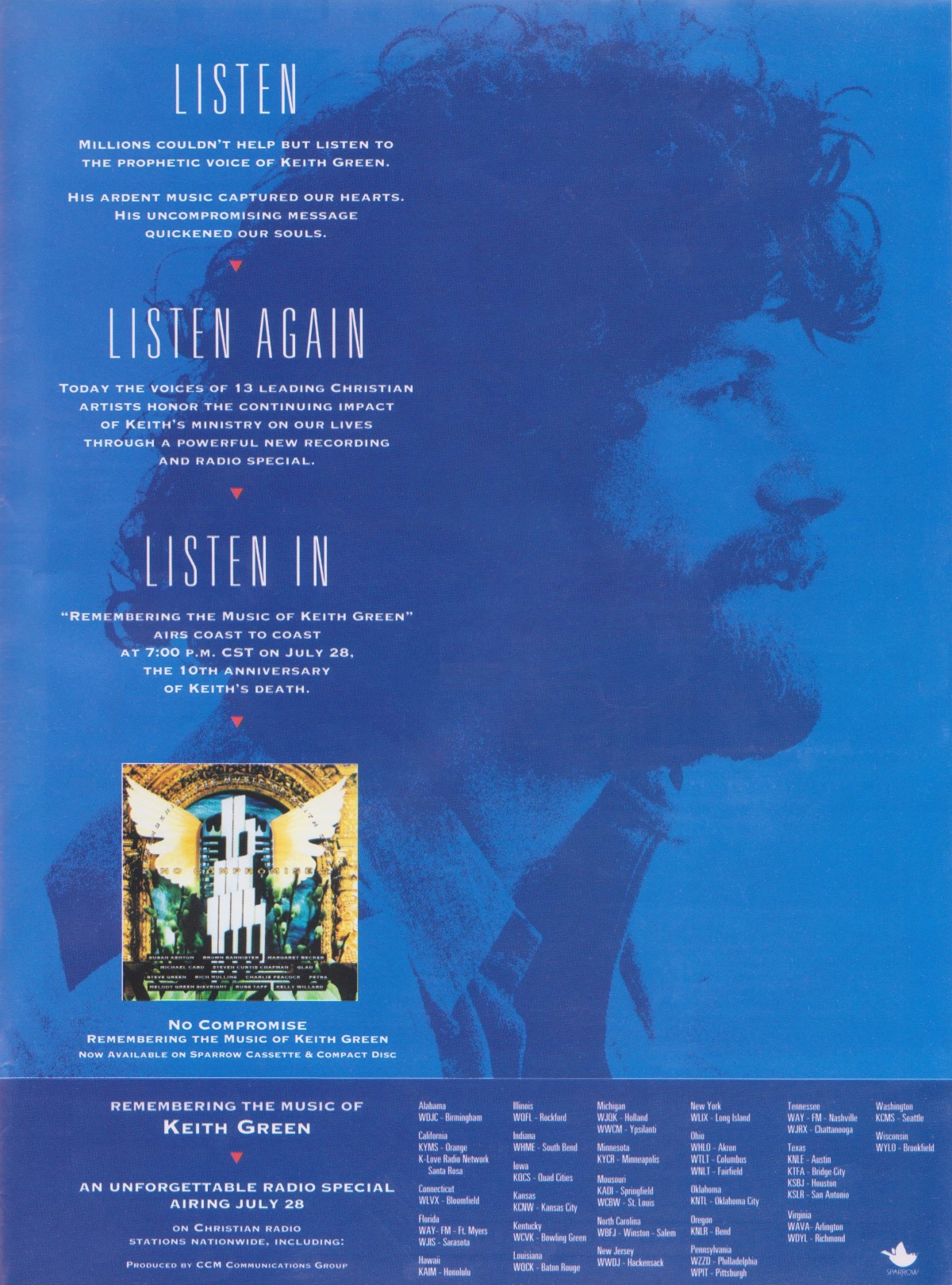 A full-page advertisement for the multi-artist tribute album No Compromise - Remembering the music of Keith Green was featured in the July 1992 issue of CCM Magazine.