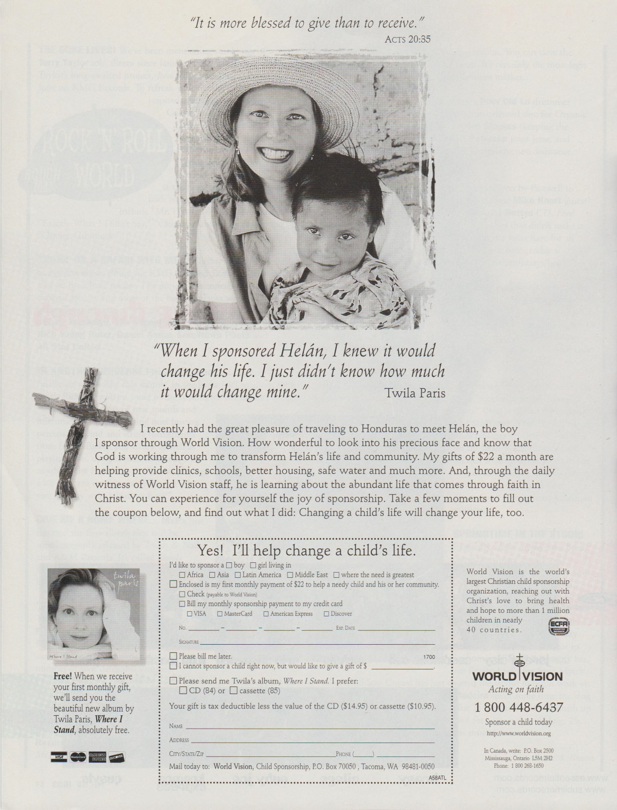 A full-page advertisement for World Vision, supported by Twila Paris, was featured in the May 1998 issue of CCM Magazine.
