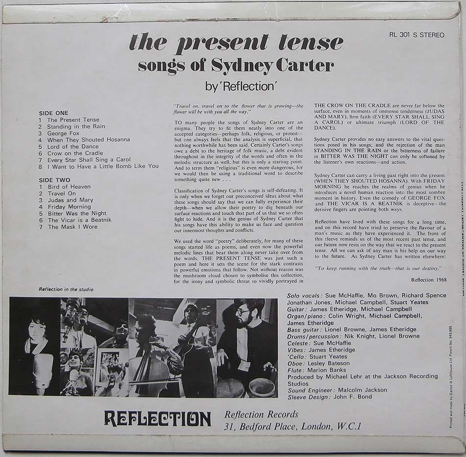Reflection - The Present Tense: Songs of Sydney Carter (Reflection Records 1968) Back Cover