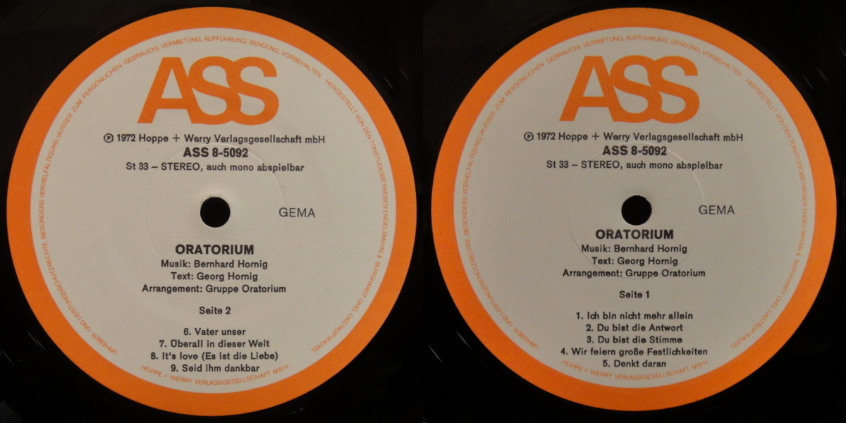 Oratorium - Oratorium (ASS 1972) LP labels, Side2 and Side1