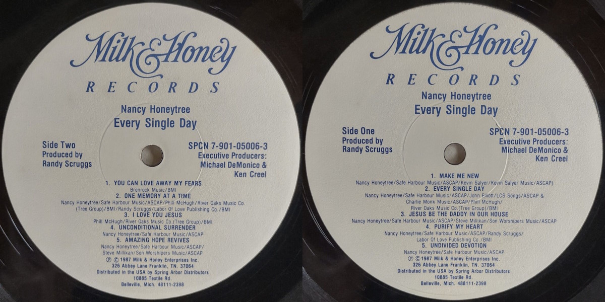 Nancy Honeytree - Every Single Day (Milk & Honey Records 1987) LP labels, Side2 and Side1
