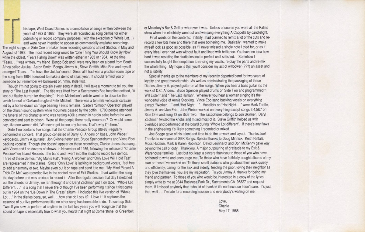Charlie Peacock - West Coast Diaries Vol. 1 (JAMZ Ltd. 1988) cassette inlay 2, liner notes