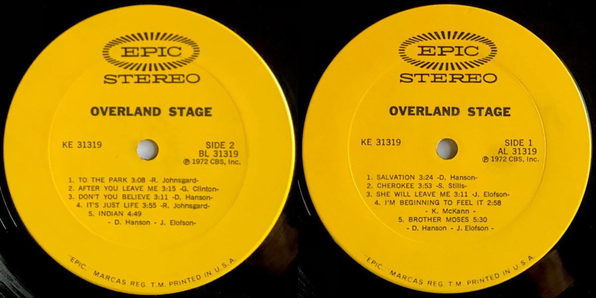 Overland Stage - Overland Stage (Epic Records 1972) LP labels, Side2 and Side1