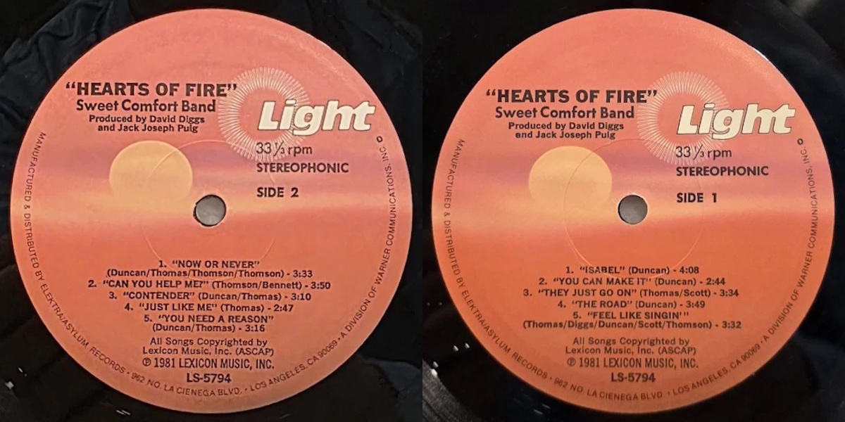 Sweet Comfort Band - Hearts Of Fire! (Light Records 1981) LP labels, Side2 and Side1