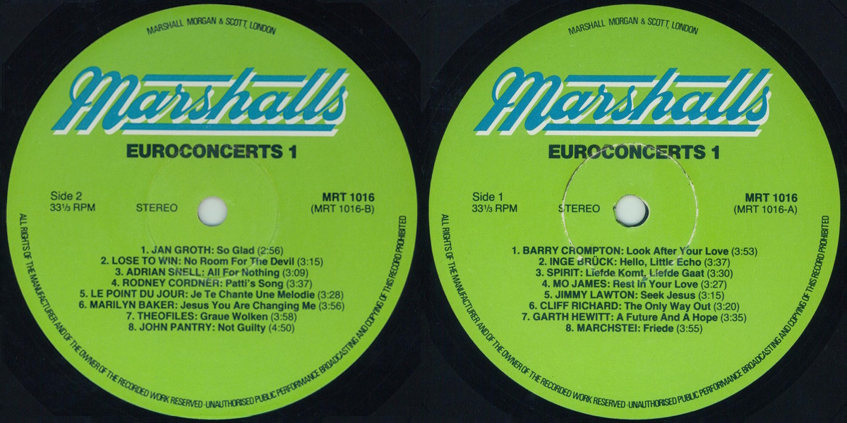 Various Artists - Euroconcerts 1: 16 Gospel Songs (Marshalls 1983) LP labels, Side2 and Side1
