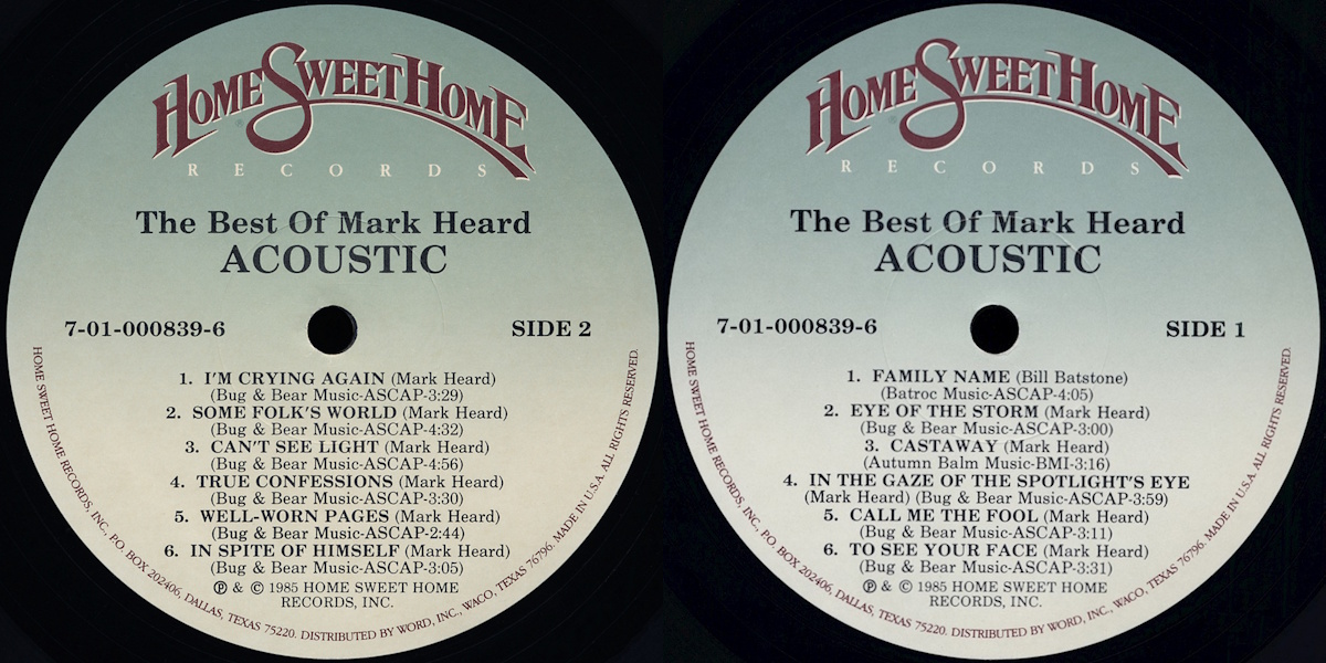 Mark Heard - Acoustic: The Best of Mark Heard (Home Sweet Home Records 1985) LP Back and Front Cover Art