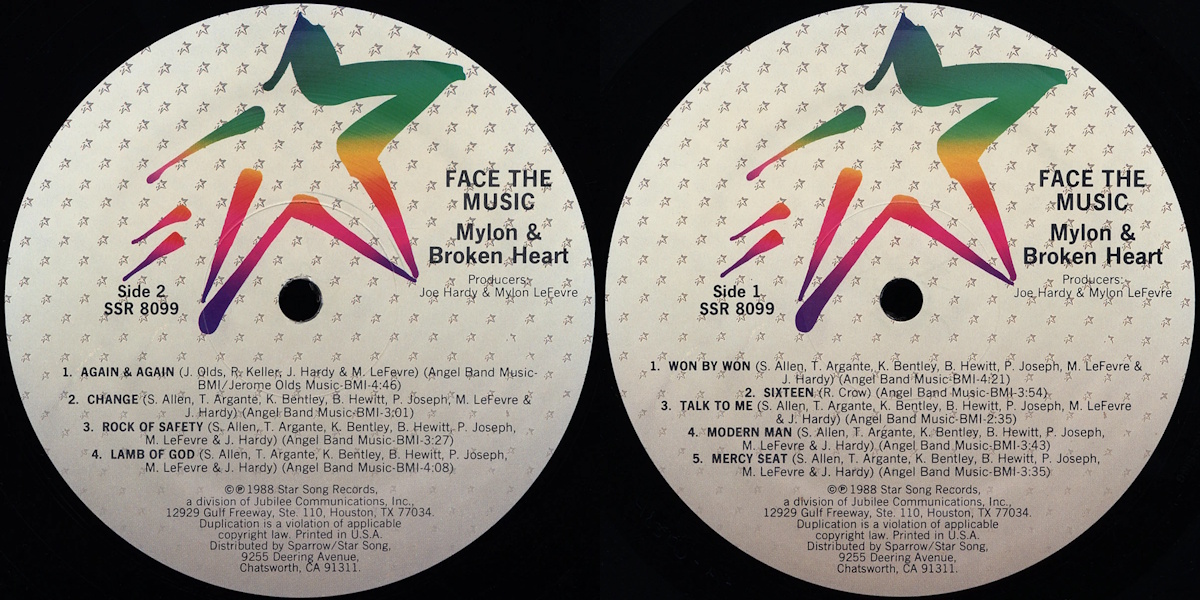 Mylon LeFevre & Broken Heart - Face The Music (StarSong Records 1988) LP labels, Side2 and Side1