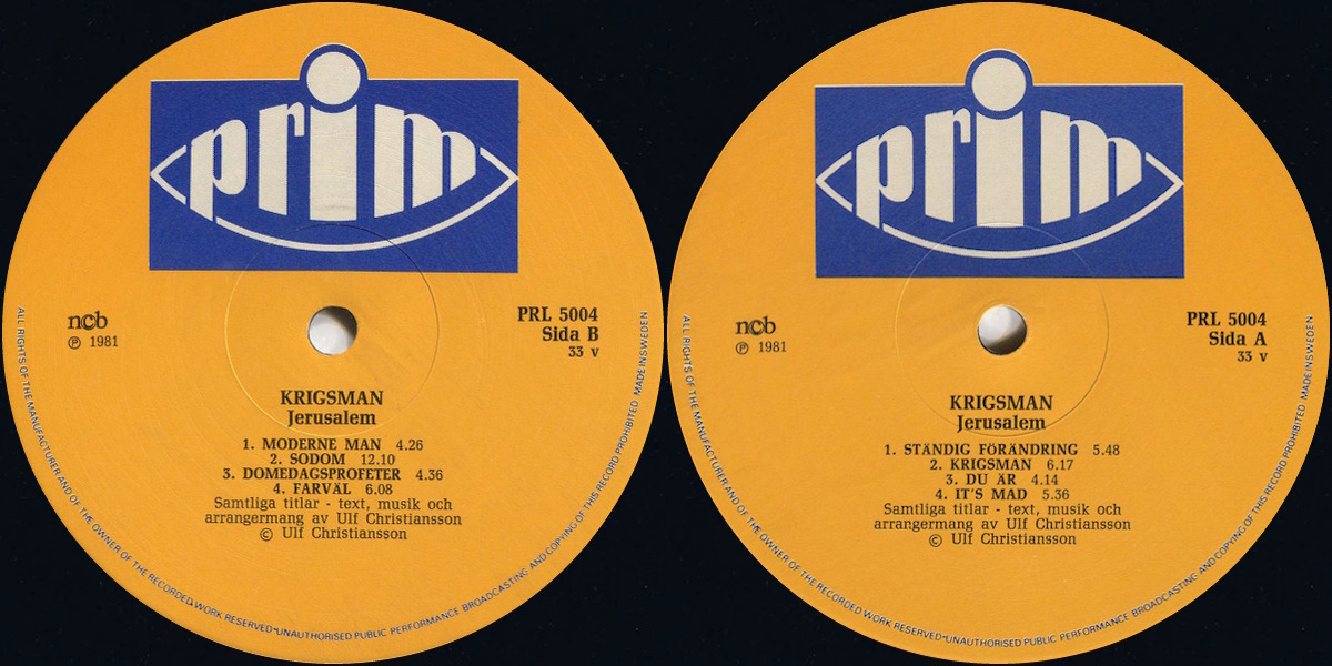 Jerusalem - Krigsman (Prim 1981) LP labels, Side2 and Side1
