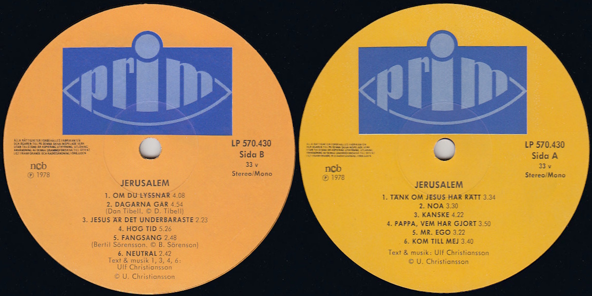 Jerusalem - Jerusalem (Prim 1978) LP labels, Side2 and Side1