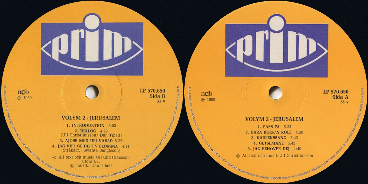 Jerusalem - Volym 2 (Prim 1980) LP labels, Side2 and Side1