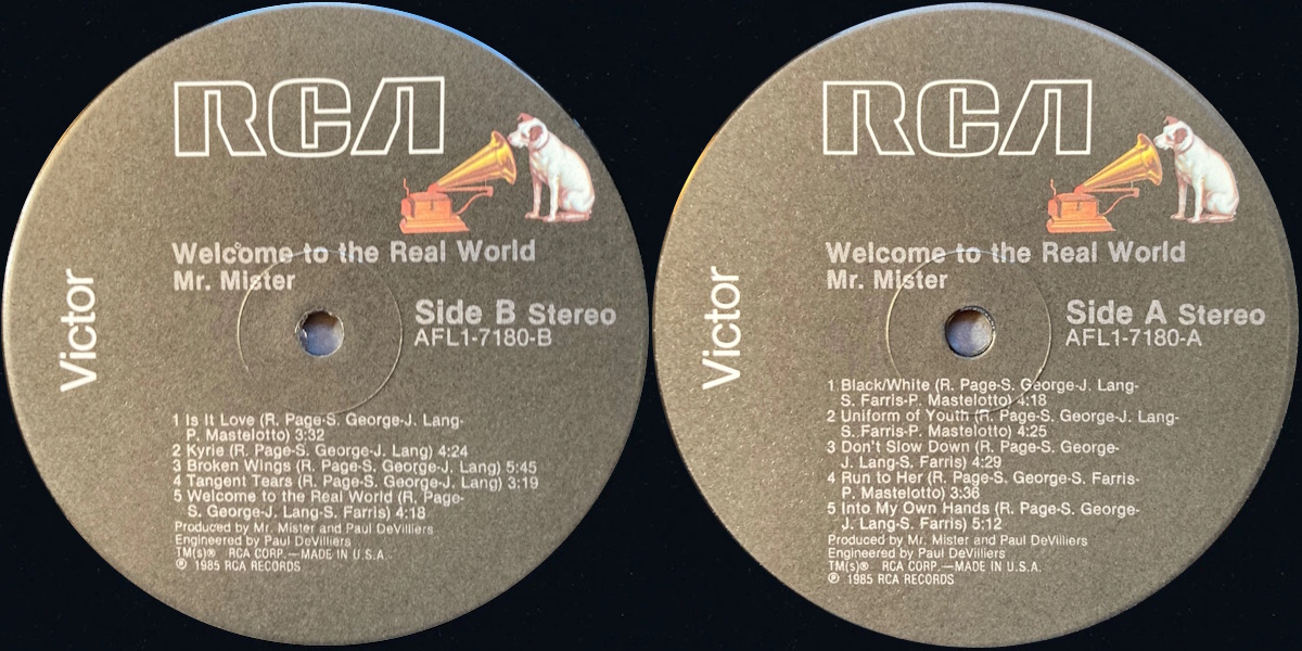 Mr. Mister - Welcome to the Real World (RCA Records 1985) LP labels, Side2 and Side1
