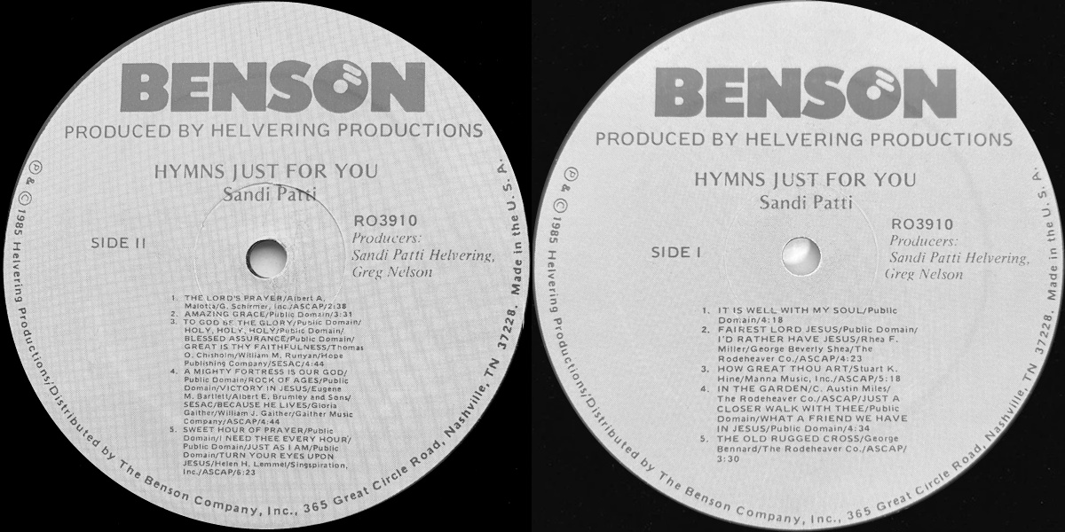 Sandi Patti - Hymns Just for You (Benson 1985) LP labels, Side2 and Side1