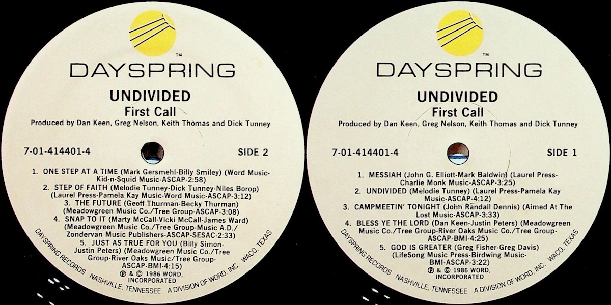 First Call - Undivided (DaySpring Records 1986) LP labels, Side2 and Side1