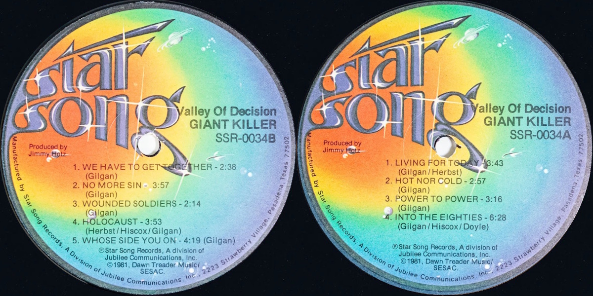 Giantkiller - Valley of Decision (Star Song Records 1981) LP labels, Side2 and Side1