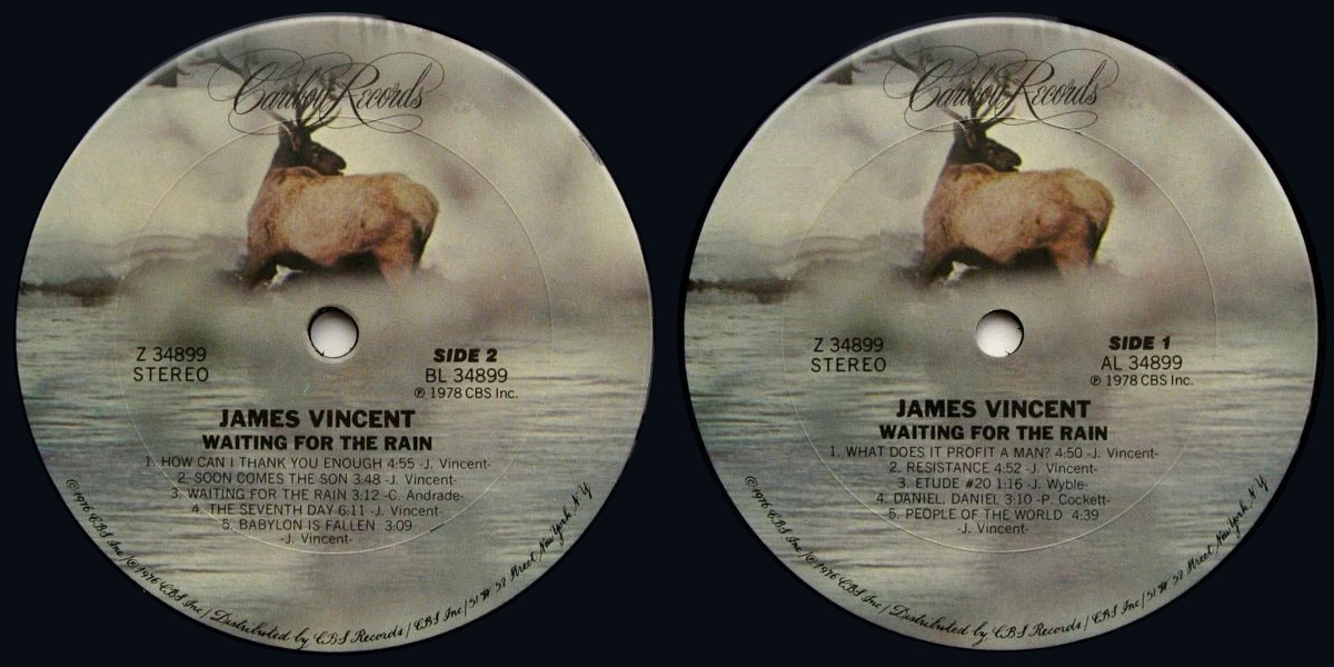 James Vincent - Waiting For The Rain (Caribou Records 1978) LP labels, Side2 and Side1