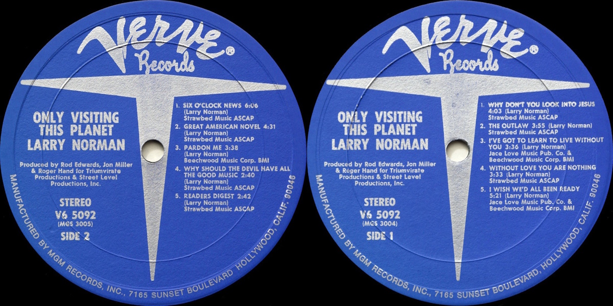 Larry Norman - Only Visiting This Planet (Verve Records 1972) LP labels, Side2 and Side1