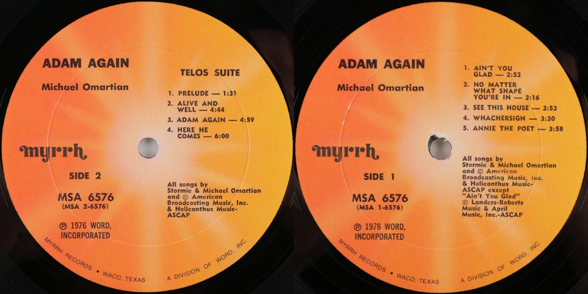Michael Omartian - Adam Again (Myrrh Records 1976) LP labels, Side2 and Side1