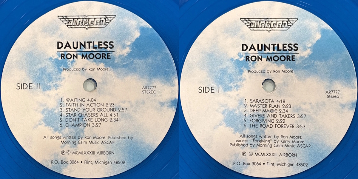 Ron Moore - Dauntless (Airborn Records 1983) LP labels, Side2 and Side1