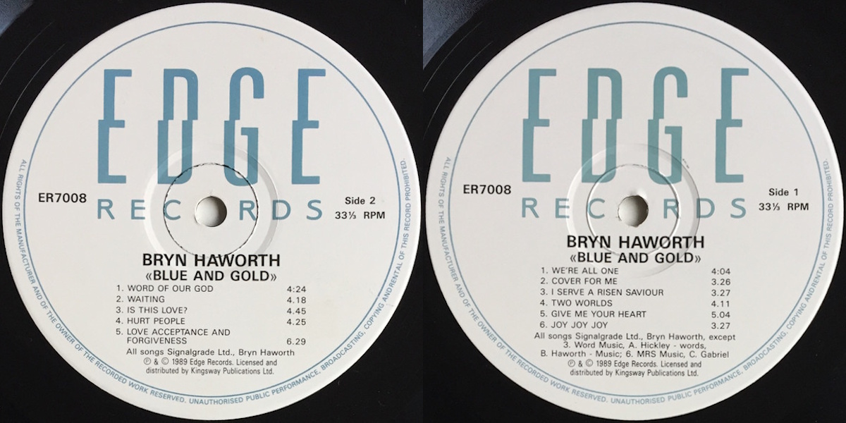 Bryn Haworth - Blue and Gold (Edge Records 1989) LP labels, Side2 and Side1