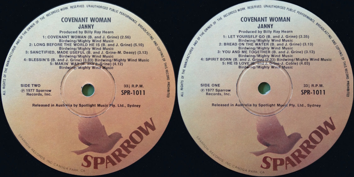 Janny Grein - Covenant Woman (Sparrow Records 1977) LP labels, Side2 and Side1