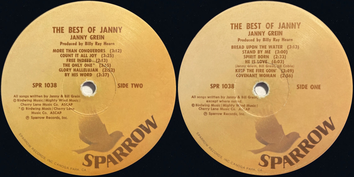 Janny Grein - The Best Of Janny (Sparrow Records 1980) LP labels, Side2 and Side1