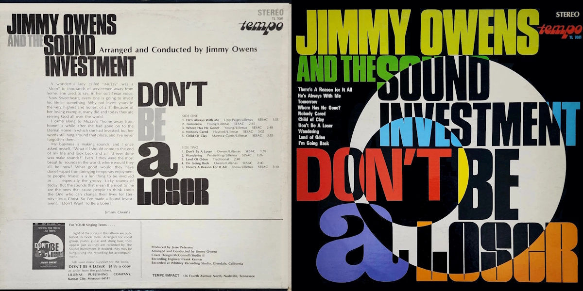 Jimmy Owens and The Sound Investment - Don't Be A Loser (Tempo Records 1970) LP Back and Front Cover Art