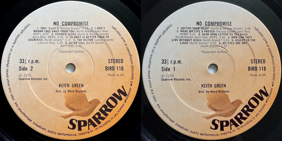 Keith Green - No Compromise (Sparrow Records 1978) LP labels, Side2 and Side1