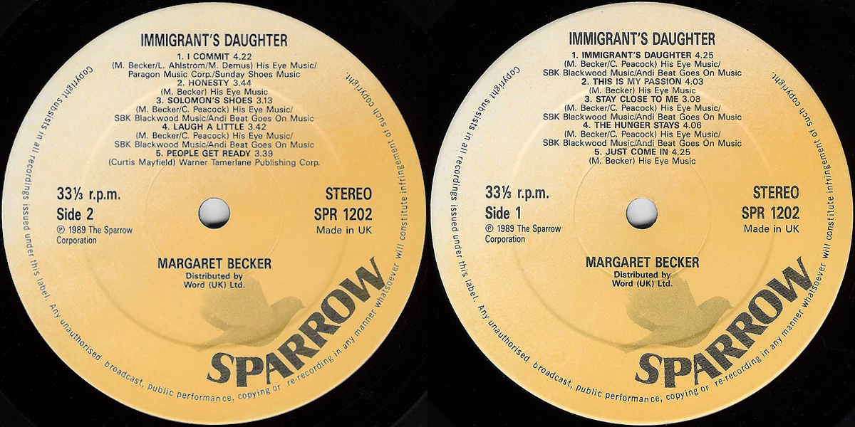 Margaret Becker - Immigrant's Daughter (Sparrow Records 1989) LP labels, Side2 and Side1