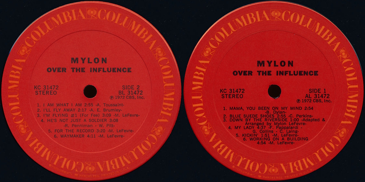 Mylon LeFevre - Over The Influence (Columbia Records 1972) LP labels, Side2 and Side1