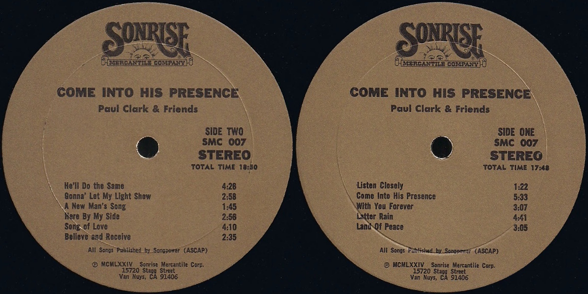 Paul Clark and Friends - Come Into His Presence (Myrrh Records 1974) LP labels, Side2 and Side1