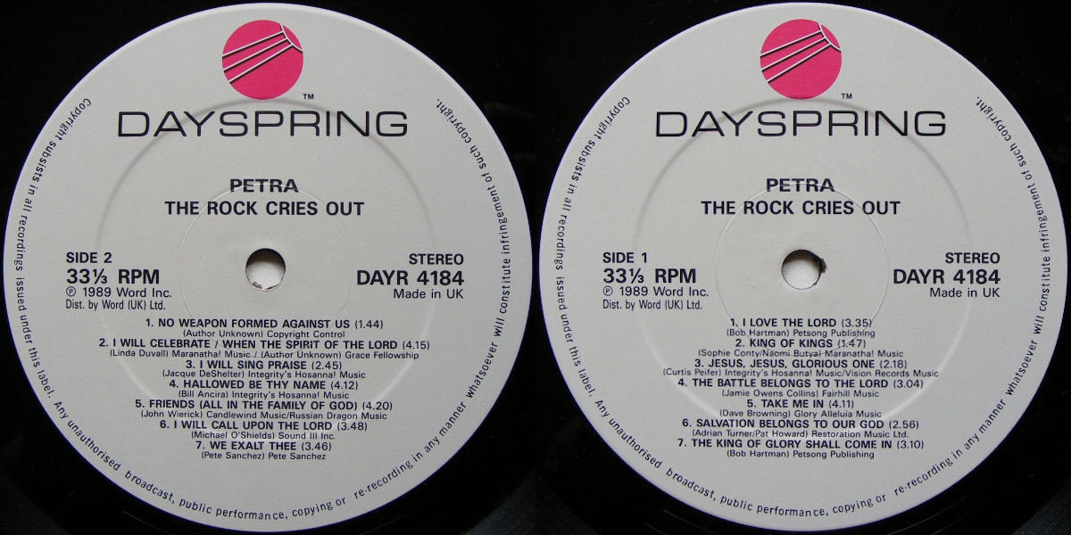 Petra - Petra Praise: The Rock Cries Out (DaySpring Records 1989) LP labels, Side2 and Side1